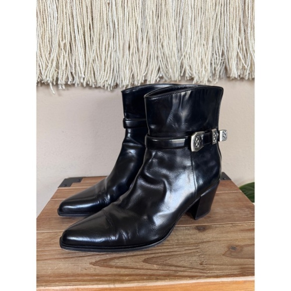 90s Vintage VIA SPIGA Black Leather Silver Buckle Pointy Toe Ankle Boot Size 9.5